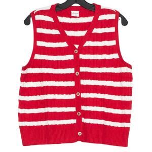 Sweater Vest Stripe Red Preppy Coastal Nautical Old Money Cable Knit Button Up M